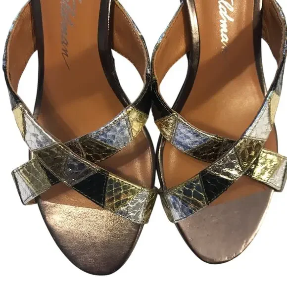Beverly Feldman Metallic Gold Silver Wedge Peep Toe Sandals Shoes 7M - Picture 6 of 8